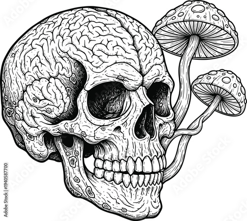 Detailed black and white surreal illustration of human skull with exposed brain and mushrooms emerging from mouth, symbolic artwork blending anatomy, nature, decay, and transformation themes