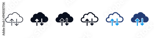 Cloud computing icon set. Cloud upload and download icon arrows symbol representing data transfer, cloud storage, network synchronization, syncing and online backup in outline and glyph styles.