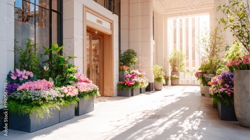 Flower boutique offers bright displays of fresh flowers at the entrance, showcasing clean lines and a welcoming atmosphere for customers.