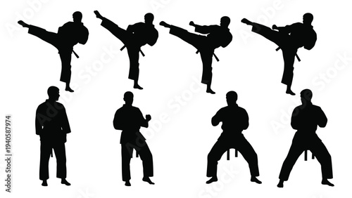 Silhouette of a person practicing various martial arts poses