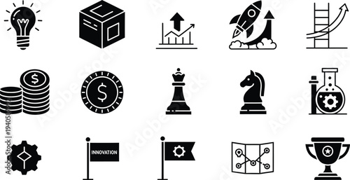 Collection of business and strategy icons including growth finance and innovation symbols