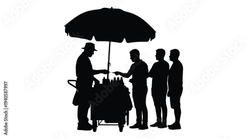 A man selling drinks to three customers