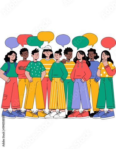 A diverse group of young people standing together interacting cheerfully