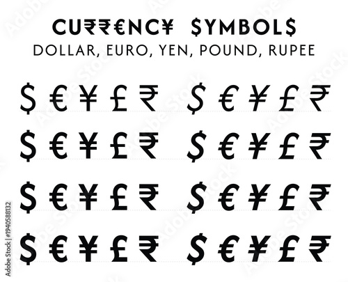 Currency symbols chart showing dollar euro yen pound and rupee icons. Banking, forex, education, fintech, travel, and global business marketing. Bold, regular, italic 
