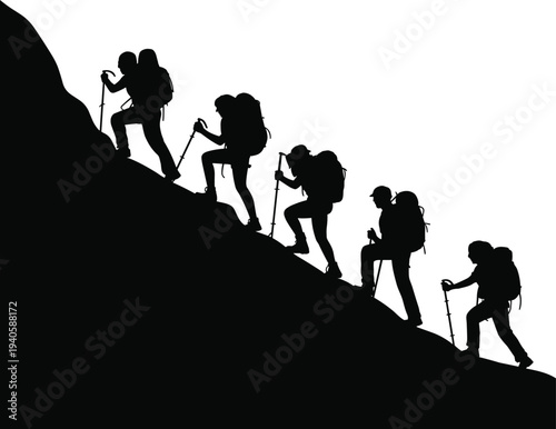 Hikers climbing mountain silhouette group, adventure trekking team with backpacks hiking uphill outdoor exploration concept illustration