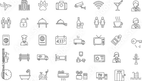 Hotel service and hospitality line icon set including travel luggage wifi reception security food drink and accommodation symbols