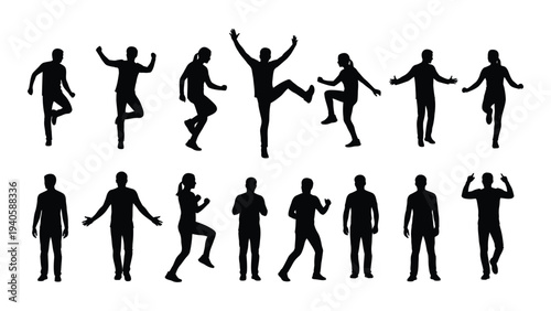 Collection of black silhouettes of people in various poses