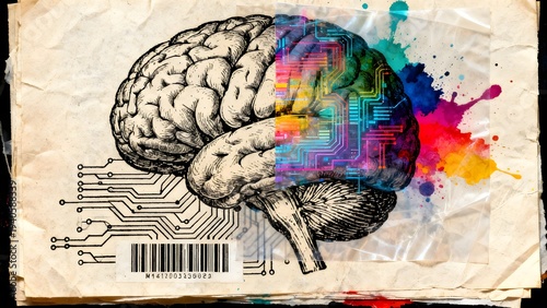 Human Brain Concept Art with Circuitry and Watercolor Splatter on Vintage Paper Texture - Creative vs Logic Intelligence Illustration