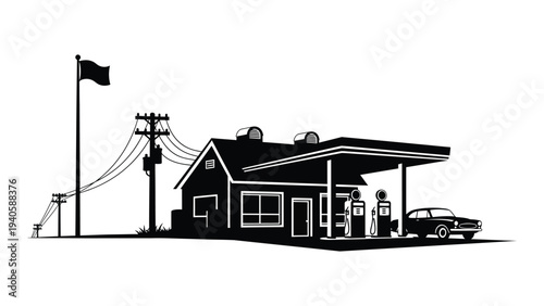 A black and white illustration of a gas station with a car and flag