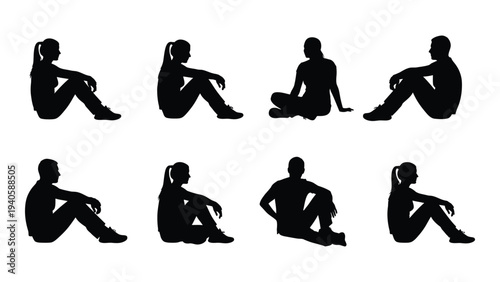 Set of silhouettes of people sitting in different poses