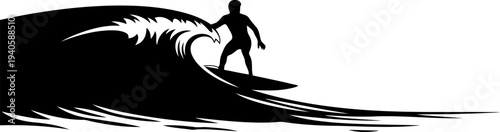 Black and white silhouette of surfer riding wave.