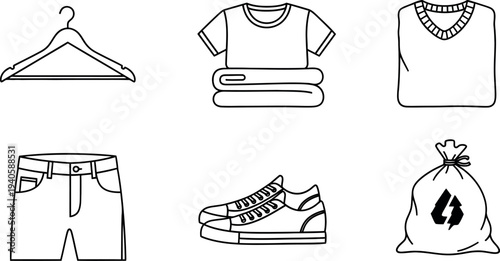 Outline vector illustrations depicting common clothing apparel and textile donation items