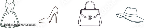 Simple line art icons represent essential women's fashion accessories for stylish dressing up.