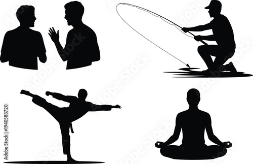 People activity silhouette set including conversation, fishing, martial arts kick and yoga meditation, lifestyle hobbies collection illustration
