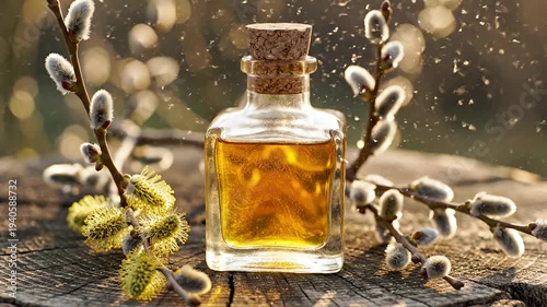 Bottle with golden liquid and pussy willow branches on wood