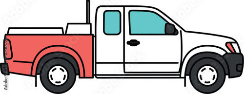 Simple side view illustration of a white pickup truck with a red bed detail