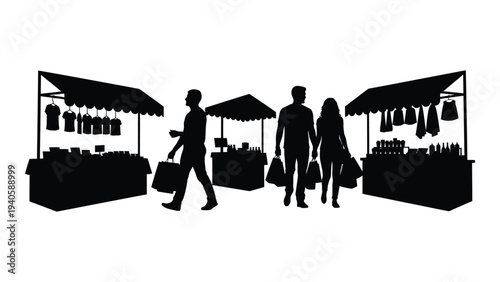 People walking through an outdoor market with stalls