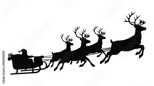 Santa claus rides through the night sky with reindeer