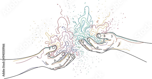 Abstract line art hands exchanging colorful magical energy illustrating creative connection or fantasy