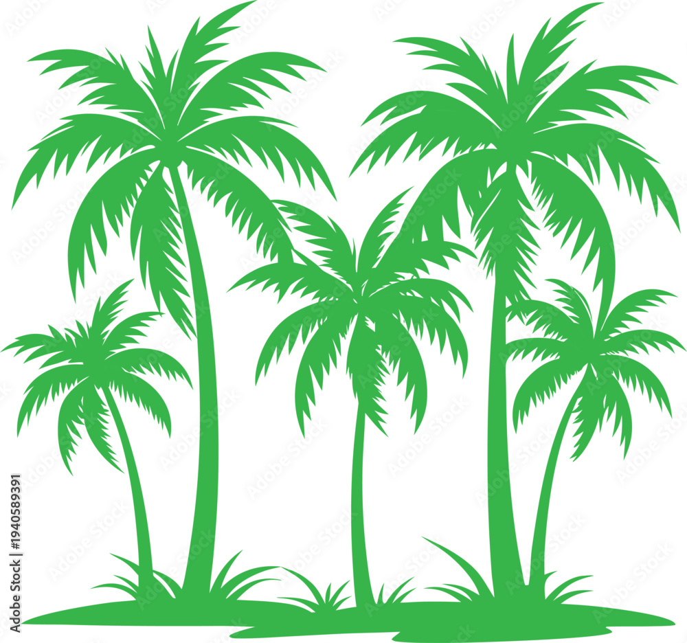 Fototapeta premium Vibrant Green Palm Tree Silhouette Illustration with Tropical Foliage and Grass on white background