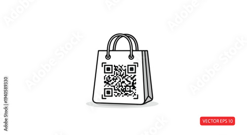 Minimalist line art shopping bag illustration with QR code isolated on white background