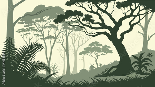 Flat Design Vector Illustration of Tropical Jungle Forest with Palm Trees and Mist