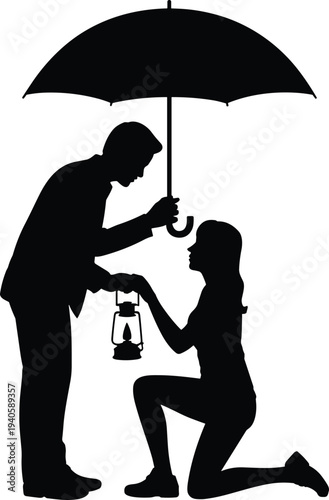 Romantic proposal silhouette under umbrella, man proposing marriage to woman with lantern, love moment couple engagement concept illustration