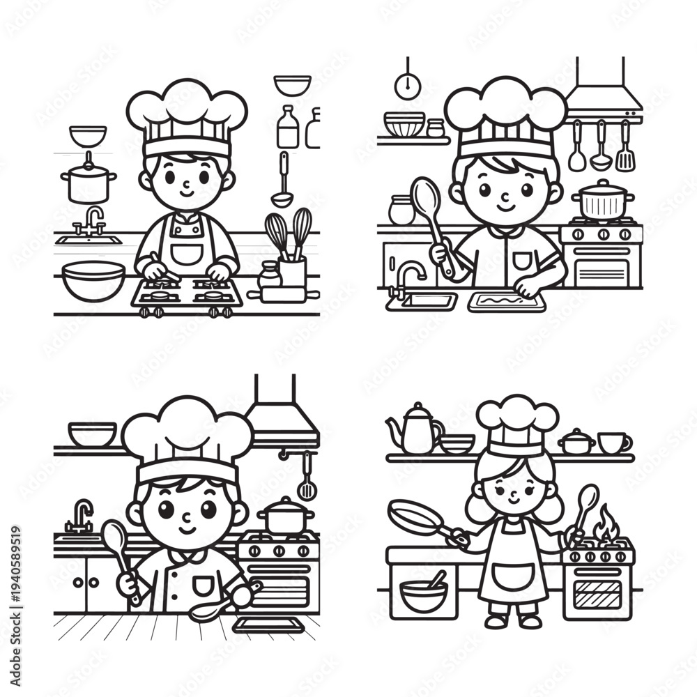 Fototapeta premium Little kid chef cooking tasty food in kitchen wearing chef hat fun coloring page