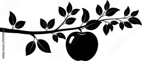 Black apple silhouette hanging from a leafy tree branch isolated on white background for organic food and minimalist nature design