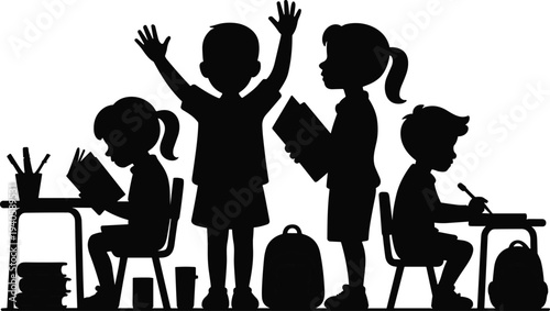 School children studying and reading books silhouette set, kids learning in classroom education concept isolated on white background illustration