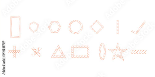Rope frame border set isolated on white bg. Hexazon, square, oval and heart shape in sea starsailor theme, nautical rope collection, flat vector illustration. red marine loop and cord frames.