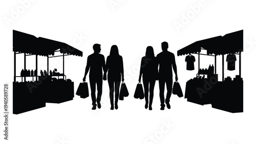 A group of people walking through a market