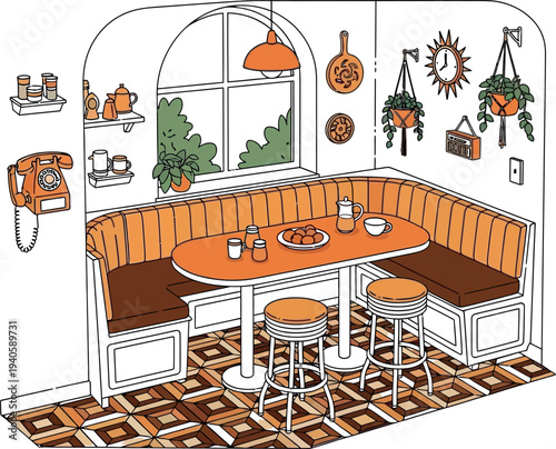 Cozy illustrated diner booth corner with retro decor and small meal setting