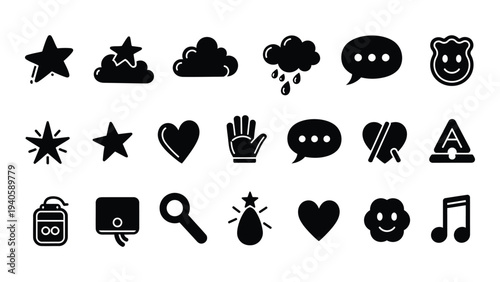 A collection of various black icons on a white background
