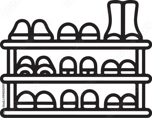 Shoe Rack with Various Footwear in Simple Line Art Style on White Background in Flat Design for E-commerce
