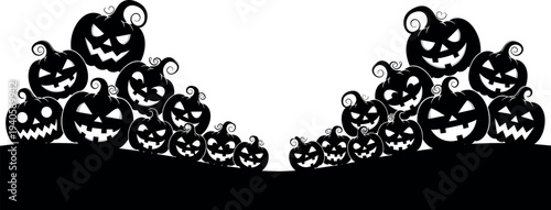 Black Halloween pumpkin silhouette border with scary jack o lantern faces on a dark hill isolated on a white background