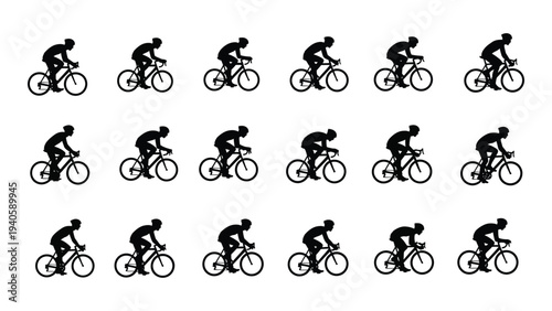 A group of people riding bicycles in different positions