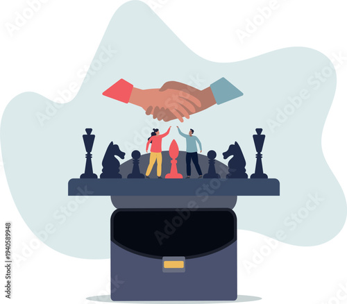 Conflict resolution in business with smart tactics and strategy.Solved problem with agreement, deal and final handshake as professional challenge solution .person's life situation and his activities.