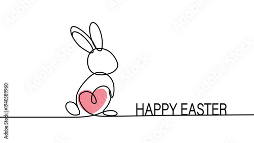 Happy Easter greeting card with minimalist line drawing of bunny and heart.