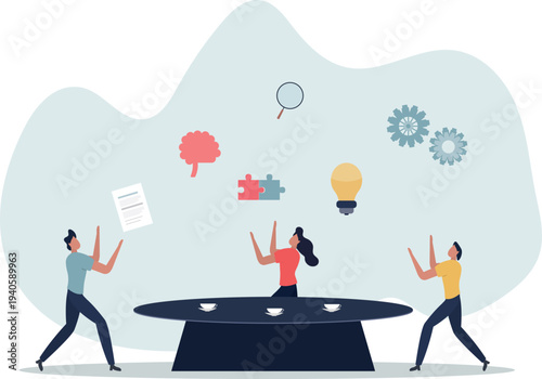 Collaboration and business team meeting with discussion.Company partnership and new idea generation with colleague brainstorm process.person's life situation and his activities.