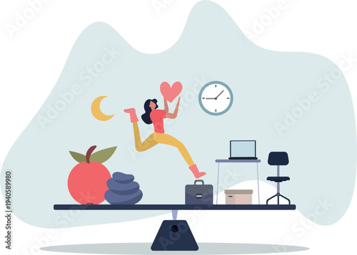 Employee wellness programs with workspace health benefits.Job and relaxation balance with company provided leisure services .person's life situation and his activities.