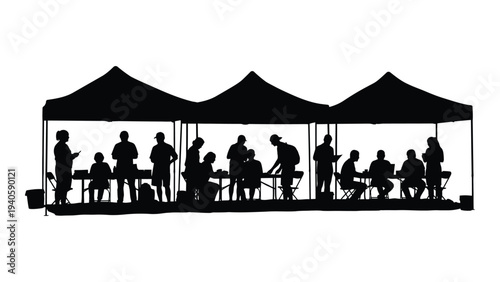 A group of people sitting under a row of canopies