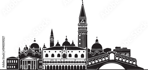 Venice skyline with gondolas and rialto bridge silhouette travel destination
