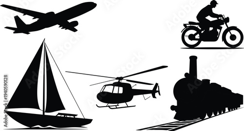 Transportation silhouette set with airplane, motorcycle, sailboat, helicopter and train, travel and transport collection isolated illustration