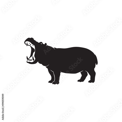Bold Black Silhouette of a Hippopotamus with Mouth Wide Open Powerful Wild Animal Vector Graphic Displaying Aggression and Strength Unique Nature Creature Art