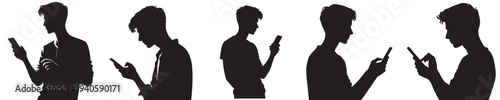 young man playing with cellphone silhouette style