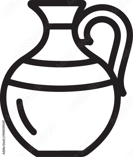 Ancient clay jug in minimalist line art style with bold black lines on white background for historical illustration