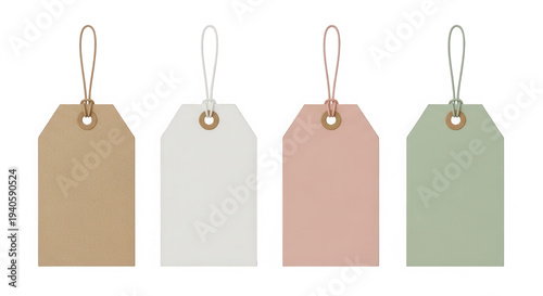 Four colored gift tags with metal clips isolated on transparent background