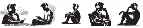 young man listening to silhouette style music