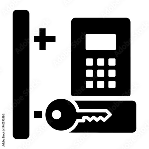 Security system icon with keypad and key entry for access control and home protection, minimalist black silhouette